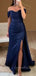 Navy Blue Satin Mermaid Side Slit Long Evening Prom Dresses, Cheap Off Shoulder Prom Dress, GR0312