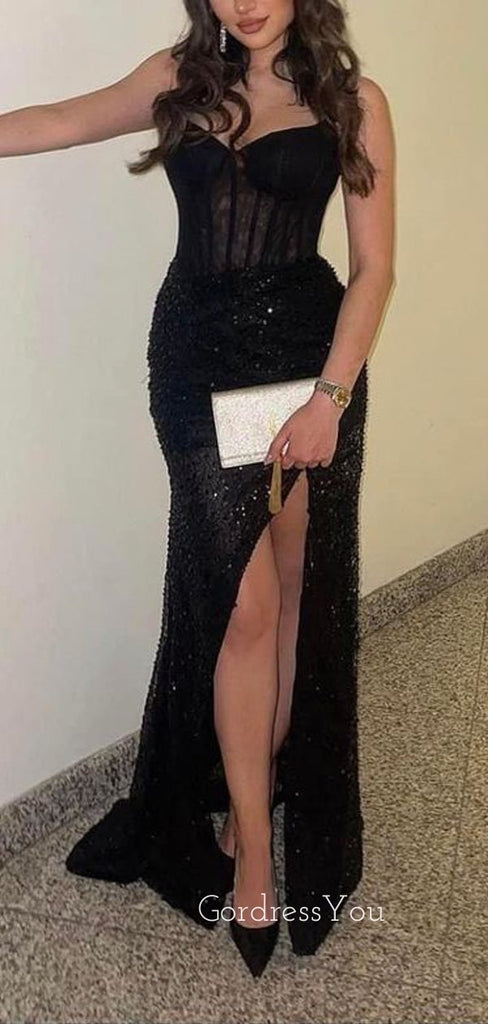 Black Sequins Meramdi Long Evening Prom Dresses, High Slit Prom Dress, GR0313