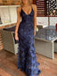 Navy Blue Tulle Appliques Mermaid Long Evening Prom Dresses, V-neck Prom Dress, GR0314