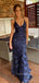 Navy Blue Tulle Appliques Mermaid Long Evening Prom Dresses, V-neck Prom Dress, GR0314