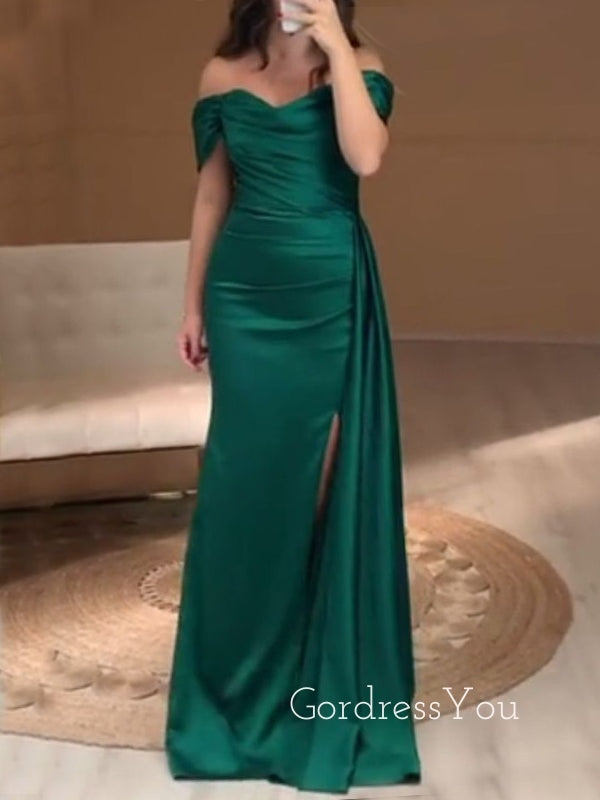 Off Shoulder Emerald Green Satin Long Evening Prom Dresses, Mermaid Side Slit Prom Dress, GR0317