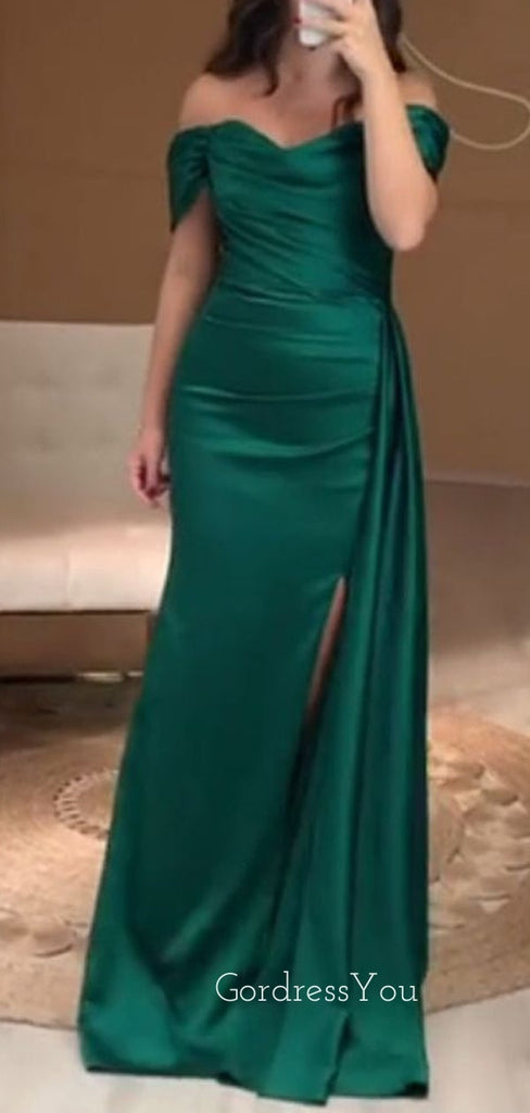 Off Shoulder Emerald Green Satin Long Evening Prom Dresses, Mermaid Side Slit Prom Dress, GR0317