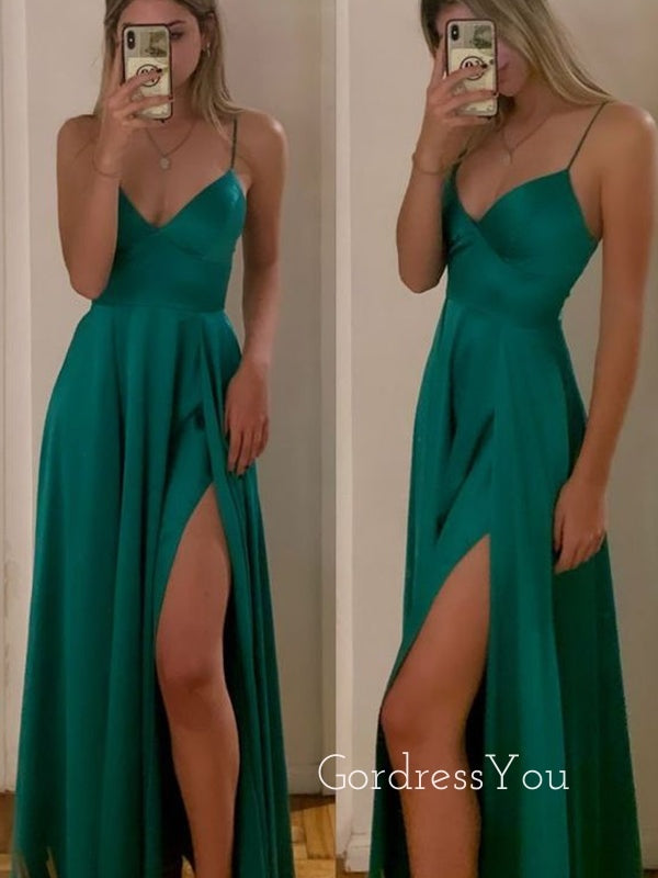 A-line Green Satin Spaghetti Straps Long Evening Prom Dresses, Simple Side Slit Prom Dress, GR0319