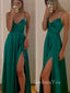 A-line Green Satin Spaghetti Straps Long Evening Prom Dresses, Simple Side Slit Prom Dress, GR0319