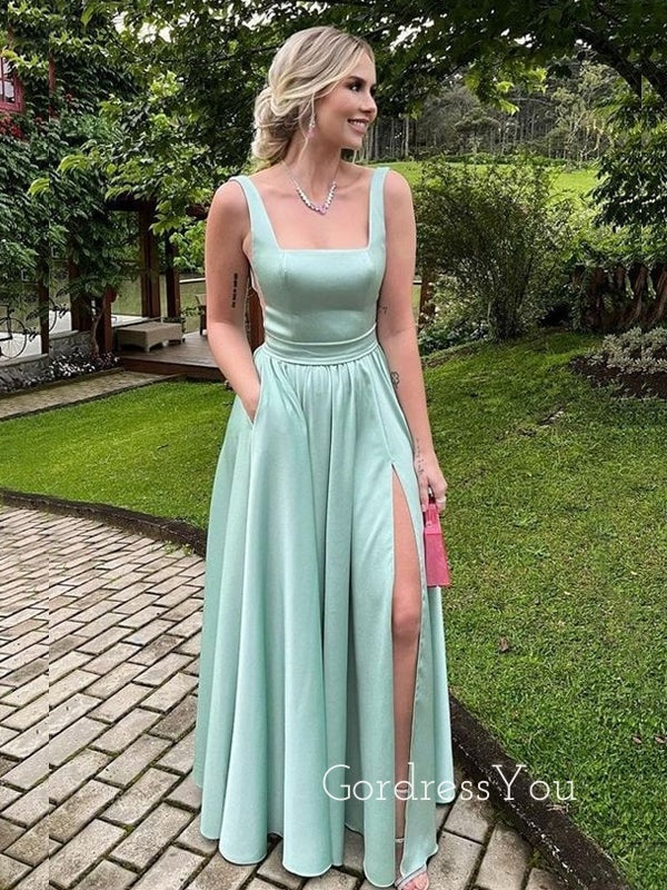 Formal A-line Satin Long Evening Prom Dresses, Cheap Custom Side Slit Prom Dress, GR0320