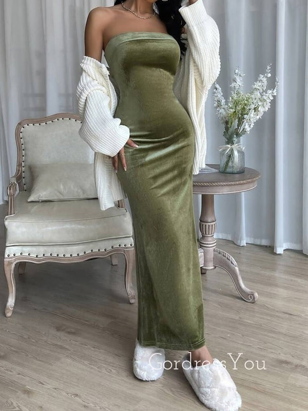 Strapless Olive Green Velvet Mermaid Long Evening Prom Dresses, Simple Prom Dress, GR0321