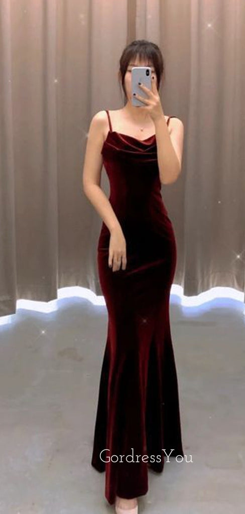 Burgundy Velvet Mermaid Long Evening Prom Dresses, Formal Prom Dress, GR0322