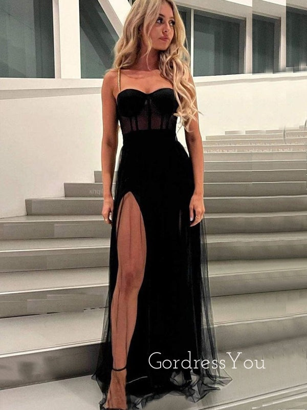 Black Tulle Side Slit Long Evening Prom Dresses, Sweetheart Prom Dress, GR0328