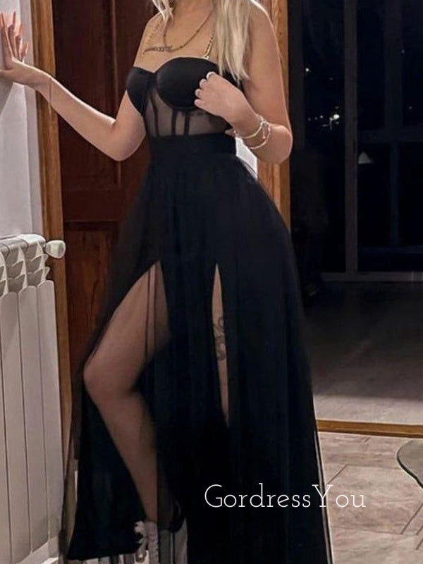 Black Tulle Side Slit Long Evening Prom Dresses, Sweetheart Prom Dress, GR0328