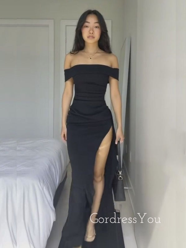 Black Satin High Slit Mermaid Long Evening Prom Dresses, Off Shoulder Prom Dress, GR0329