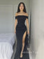 Black Satin High Slit Mermaid Long Evening Prom Dresses, Off Shoulder Prom Dress, GR0329