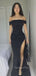 Black Satin High Slit Mermaid Long Evening Prom Dresses, Off Shoulder Prom Dress, GR0329