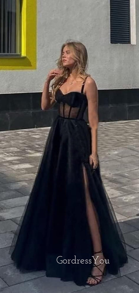 A-line Black Tulle Side Slit Long Evening Prom Dresses, Prom Dress, GR0330