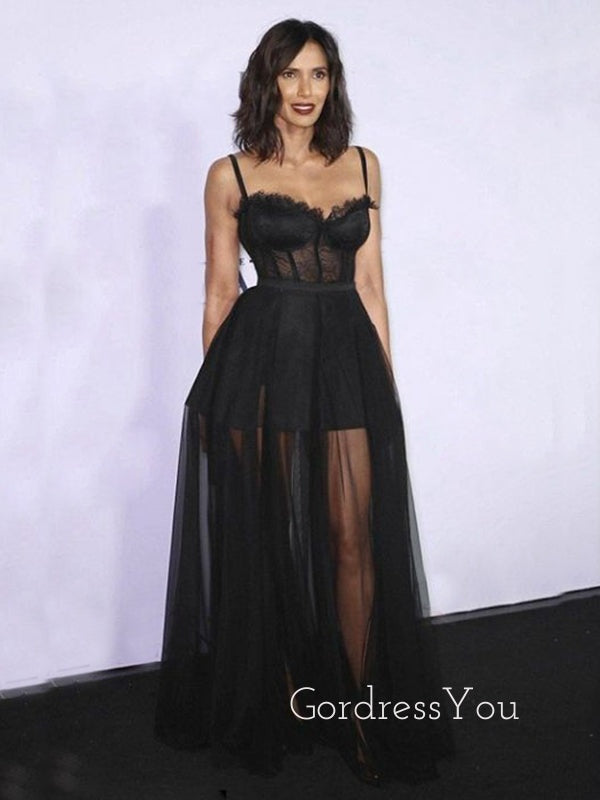 See Through Black Tulle Straps Long Evening Prom Dresses, Sweetheart Prom Dress, GR0335