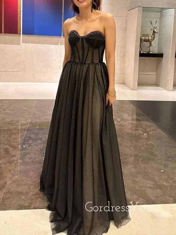 Sweetheart Black A-line Long Evening Prom Dresses, Strapless Prom Dress, GR0336