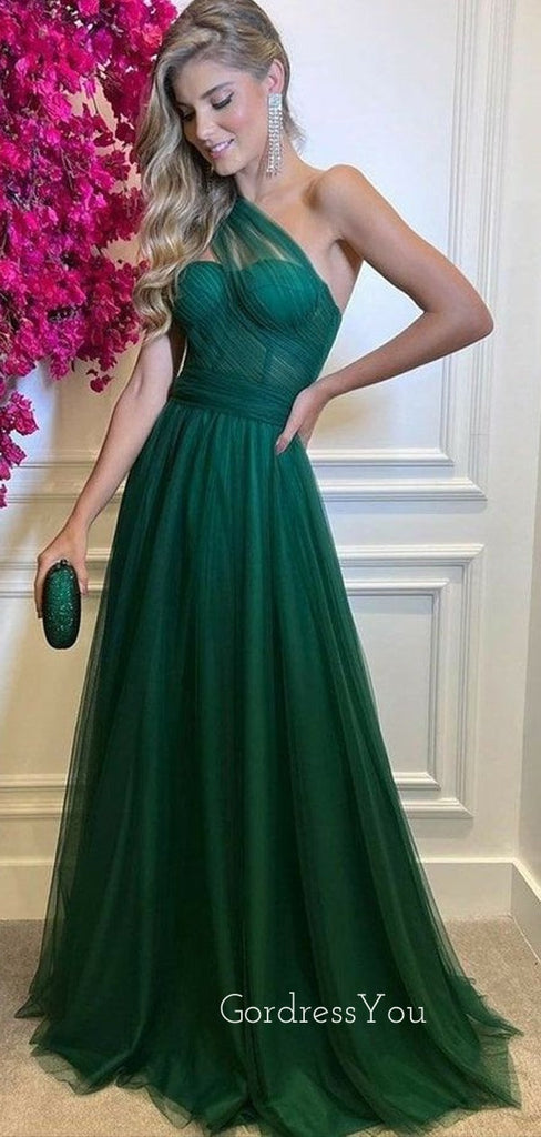 Emerald Green Tulle A-line Long Evening Prom Dresses, One Shoulder Prom Dress, GR0340