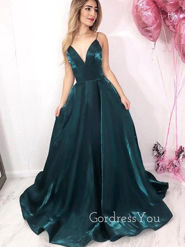 A-line Satin Spaghetti Straps V-neck Long Evening Prom Dresses, GR0344