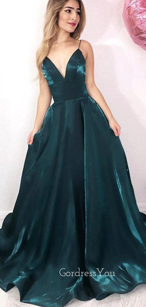 A-line Satin Spaghetti Straps V-neck Long Evening Prom Dresses, GR0344