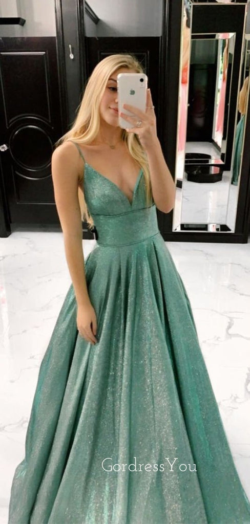 Formal A-line V-neck Long Evening Prom Dresses, Spaghetti Straps Prom Dress, GR0346