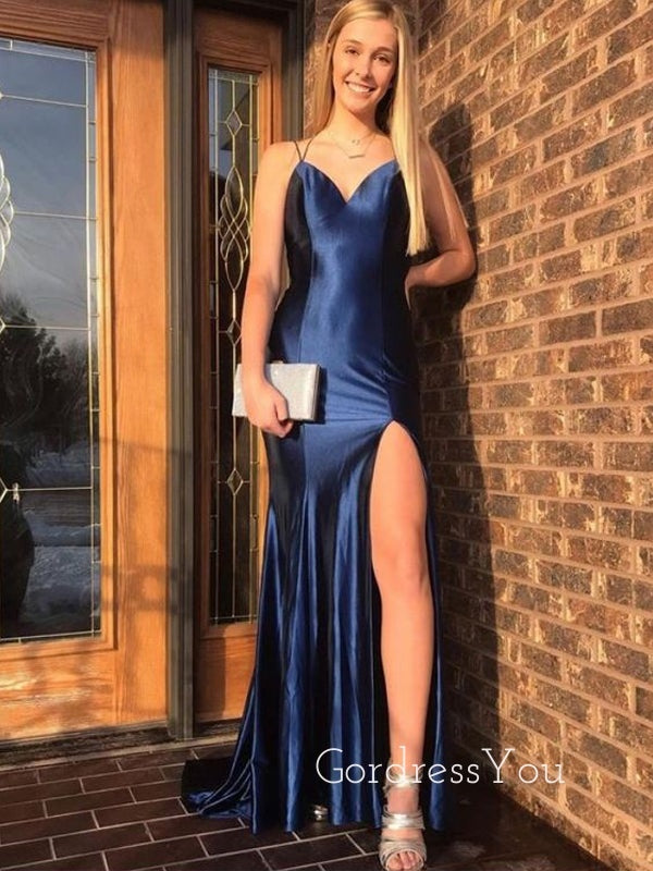 Mermaid Navy Blue Satin Side Slit Long Evening Prom Dresses, GR0348