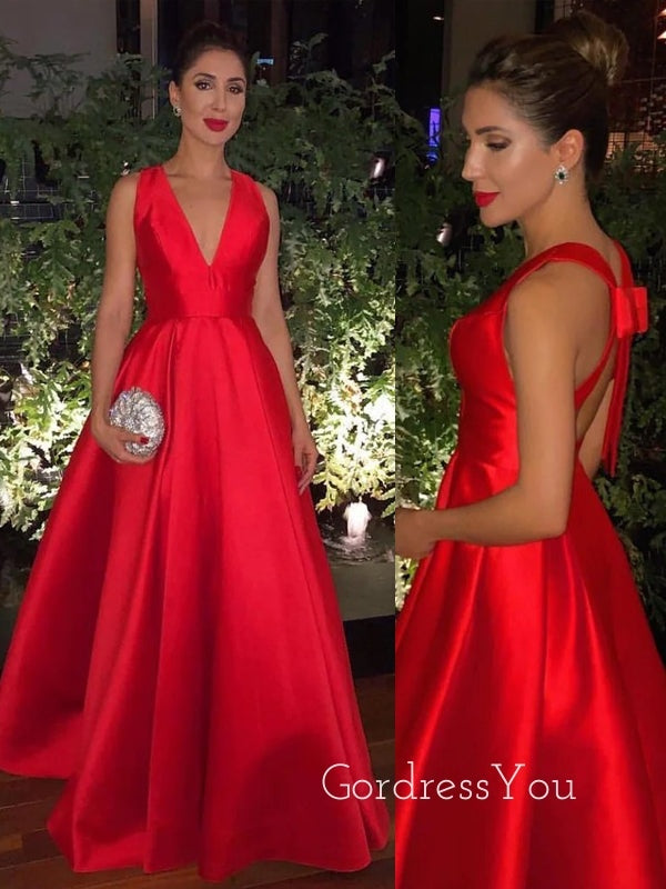 Red Satin A-line V-neck Long Evening Prom Dresses, GR0351