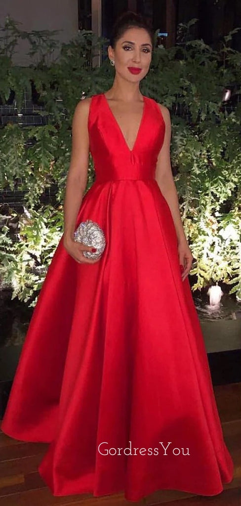 Red Satin A-line V-neck Long Evening Prom Dresses, GR0351