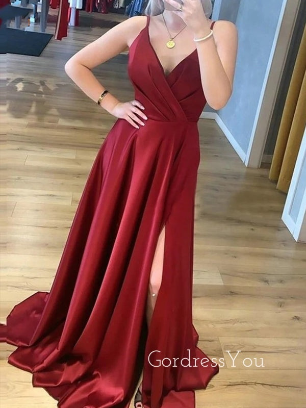 Burgundy Satin A-line Spaghetti Straps Long Evening Prom Dresses, V-neck Prom Dress, GR0352