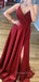 Burgundy Satin A-line Spaghetti Straps Long Evening Prom Dresses, V-neck Prom Dress, GR0352