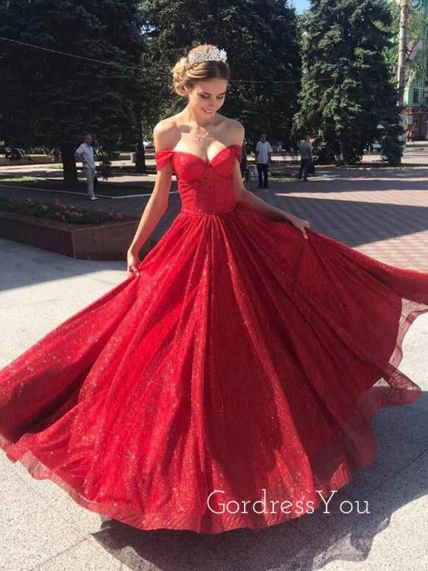 Red Sparkly A-line Off Shoulder Long Evening Prom Dresses, Prom Dress, GR0353