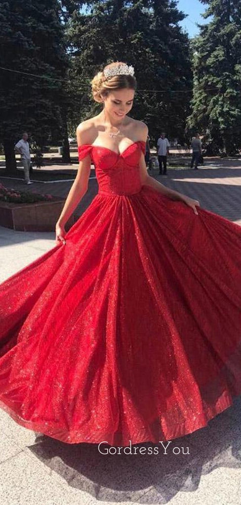 Red Sparkly A-line Off Shoulder Long Evening Prom Dresses, Prom Dress, GR0353