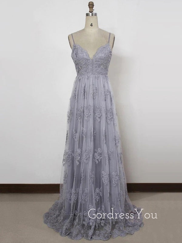 Silver Grey Tulle Appliques A-line Long Evening Prom Dresses, V-neck Cheap Prom Dress, GR0354