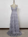 Silver Grey Tulle Appliques A-line Long Evening Prom Dresses, V-neck Cheap Prom Dress, GR0354