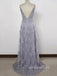 Silver Grey Tulle Appliques A-line Long Evening Prom Dresses, V-neck Cheap Prom Dress, GR0354