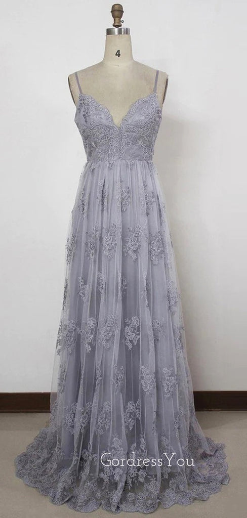 Silver Grey Tulle Appliques A-line Long Evening Prom Dresses, V-neck Cheap Prom Dress, GR0354