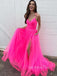 Hot Pink Tulle V-neck Long Evening Prom Dresses, A-line Prom Dress, GR0356