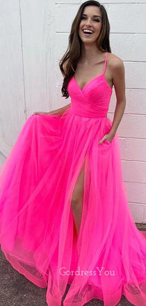 Hot Pink Tulle V-neck Long Evening Prom Dresses, A-line Prom Dress, GR0356