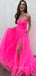 Hot Pink Tulle V-neck Long Evening Prom Dresses, A-line Prom Dress, GR0356