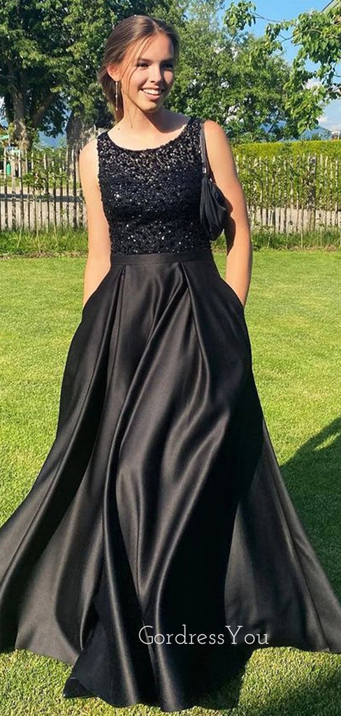 Black Satin Beaded A-line Long Evening Prom Dresses, GR0357