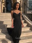 Mermaid Black Tulle Long Evening Prom Dresses, Spaghetti Straps V-neck Prom Dress, GR0358