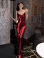 Simple Burgundy Satin Mermaid Spaghetti Straps Long Evening Prom Dresses, GR0361