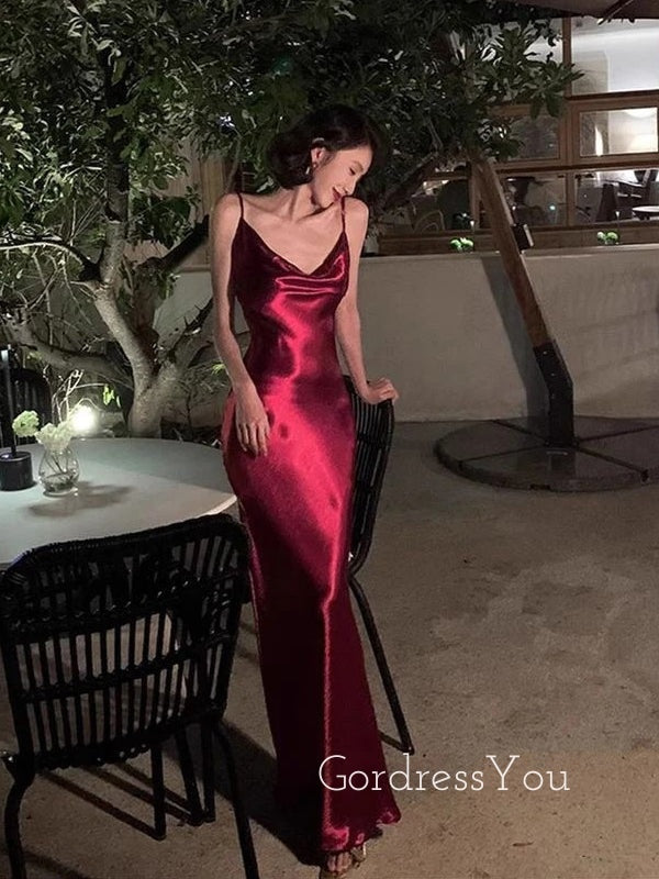 Simple Burgundy Satin Mermaid Spaghetti Straps Long Evening Prom Dresses, GR0361