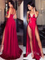 Sexy High Slit A-line Satin Spaghetti Straps Long Evening Prom Dresses, GR0362