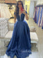 A-line Dark Blue Satin A-line Long Evening Prom Dresses, GR0363