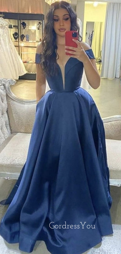 A-line Dark Blue Satin A-line Long Evening Prom Dresses, GR0363