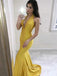 Deep V-neck Gold Satin Mermaid Long Evening Prom Dresses, GR0367