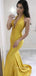 Deep V-neck Gold Satin Mermaid Long Evening Prom Dresses, GR0367