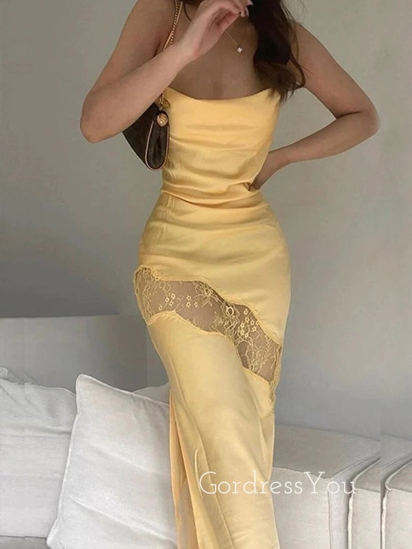 Popular Yellow Satin Lace Spaghetti Straps Long Evening Prom Dresses, GR0368