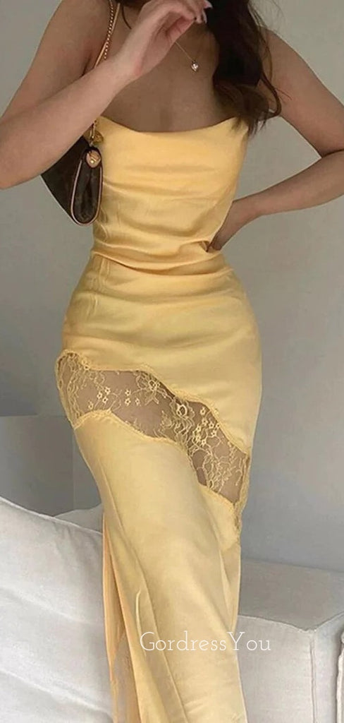 Popular Yellow Satin Lace Spaghetti Straps Long Evening Prom Dresses, GR0368