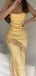 Popular Yellow Satin Lace Spaghetti Straps Long Evening Prom Dresses, GR0368