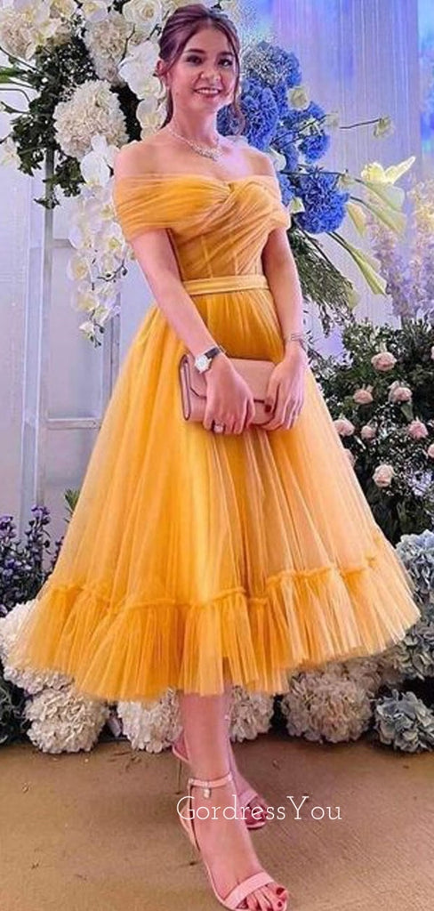 Off Shoulder Tulle A-line Long Evening Prom Dresses, Short Custom Prom Dress, GR0370